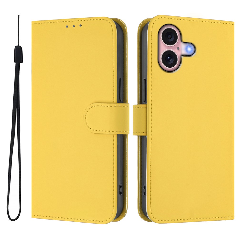 For iPhone 16 Case Solid Color Wallet Leather Phone Cover with Strap - Lemon