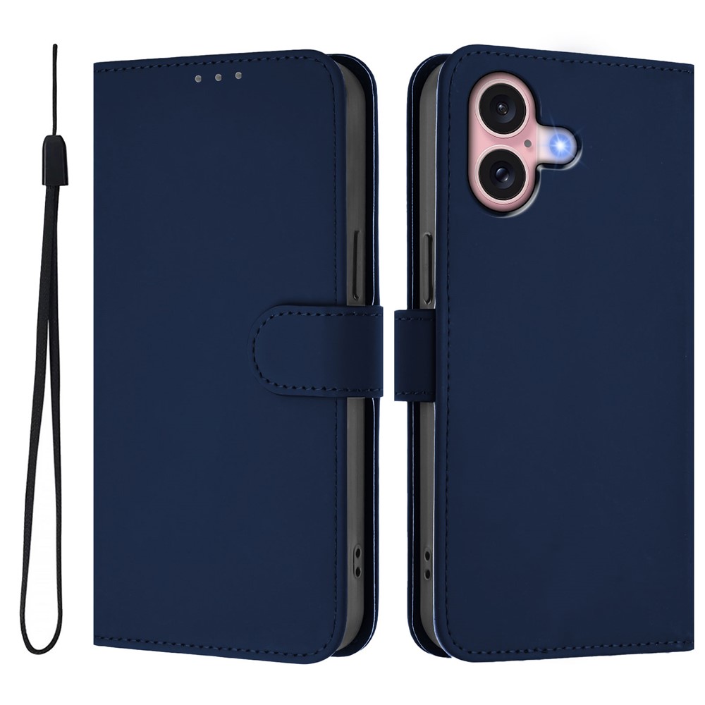 For iPhone 16 Case Solid Color Wallet Leather Phone Cover with Strap - Navy Blue
