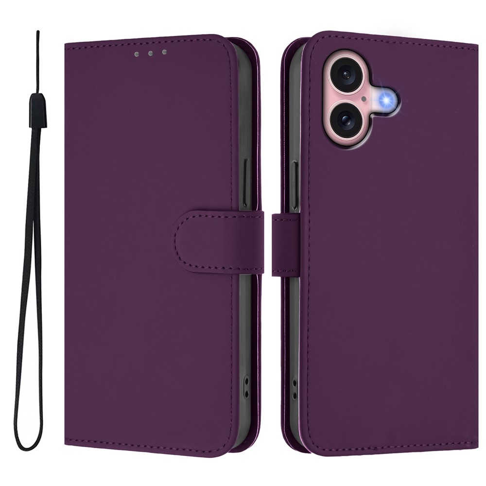 For iPhone 16 Case Solid Color Wallet Leather Phone Cover with Strap - Violet