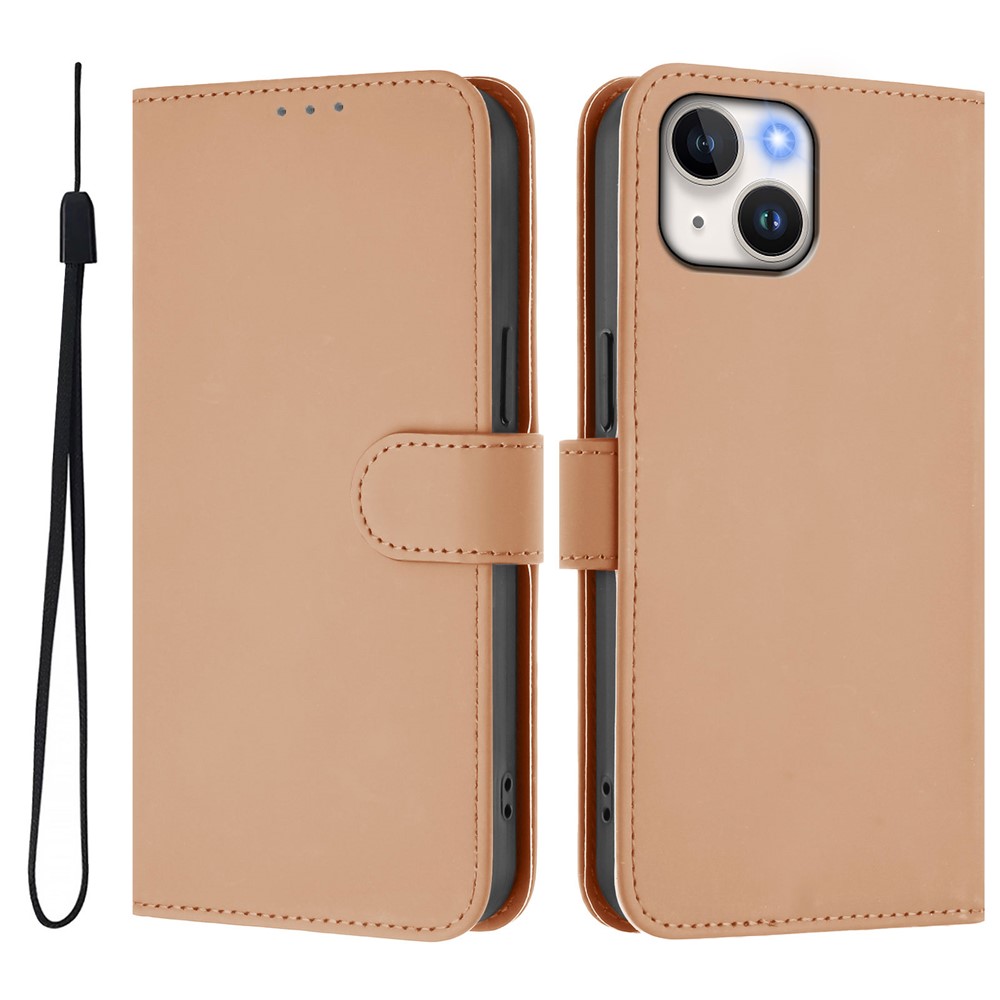 For iPhone 15 Case Solid Color Wallet Leather Phone Cover with Strap - Nude