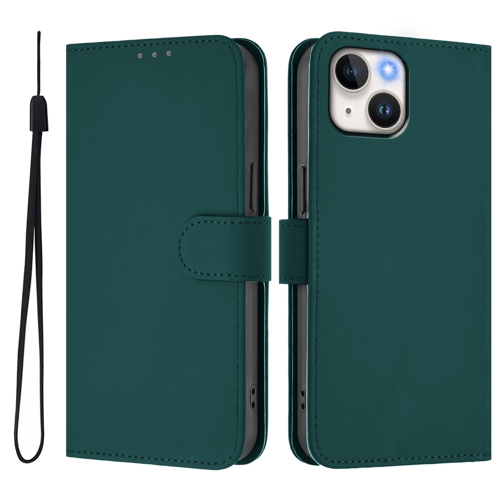 For iPhone 15 Case Solid Color Wallet Leather Phone Cover with Strap - Dark Green