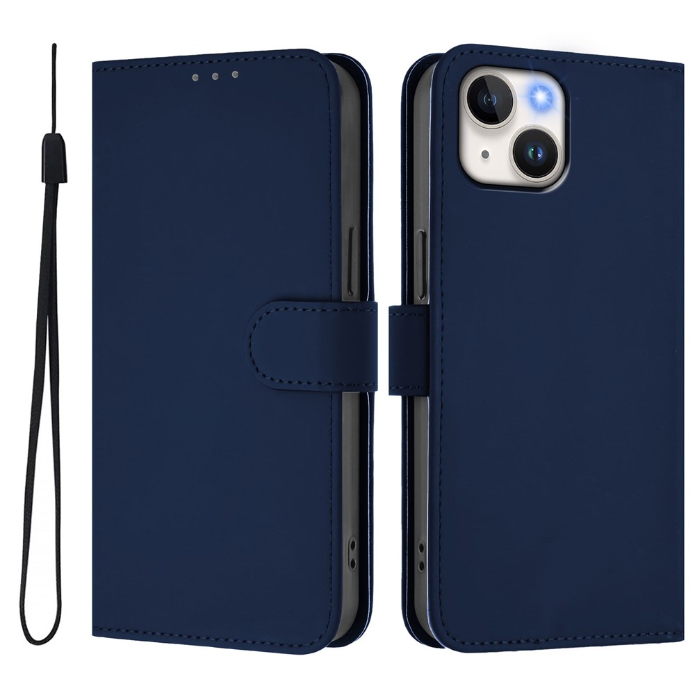 For iPhone 15 Case Solid Color Wallet Leather Phone Cover with Strap - Navy Blue