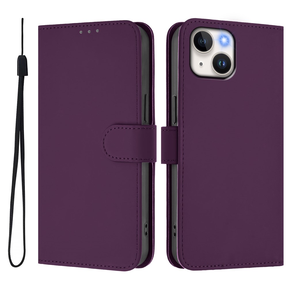 For iPhone 15 Case Solid Color Wallet Leather Phone Cover with Strap - Violet