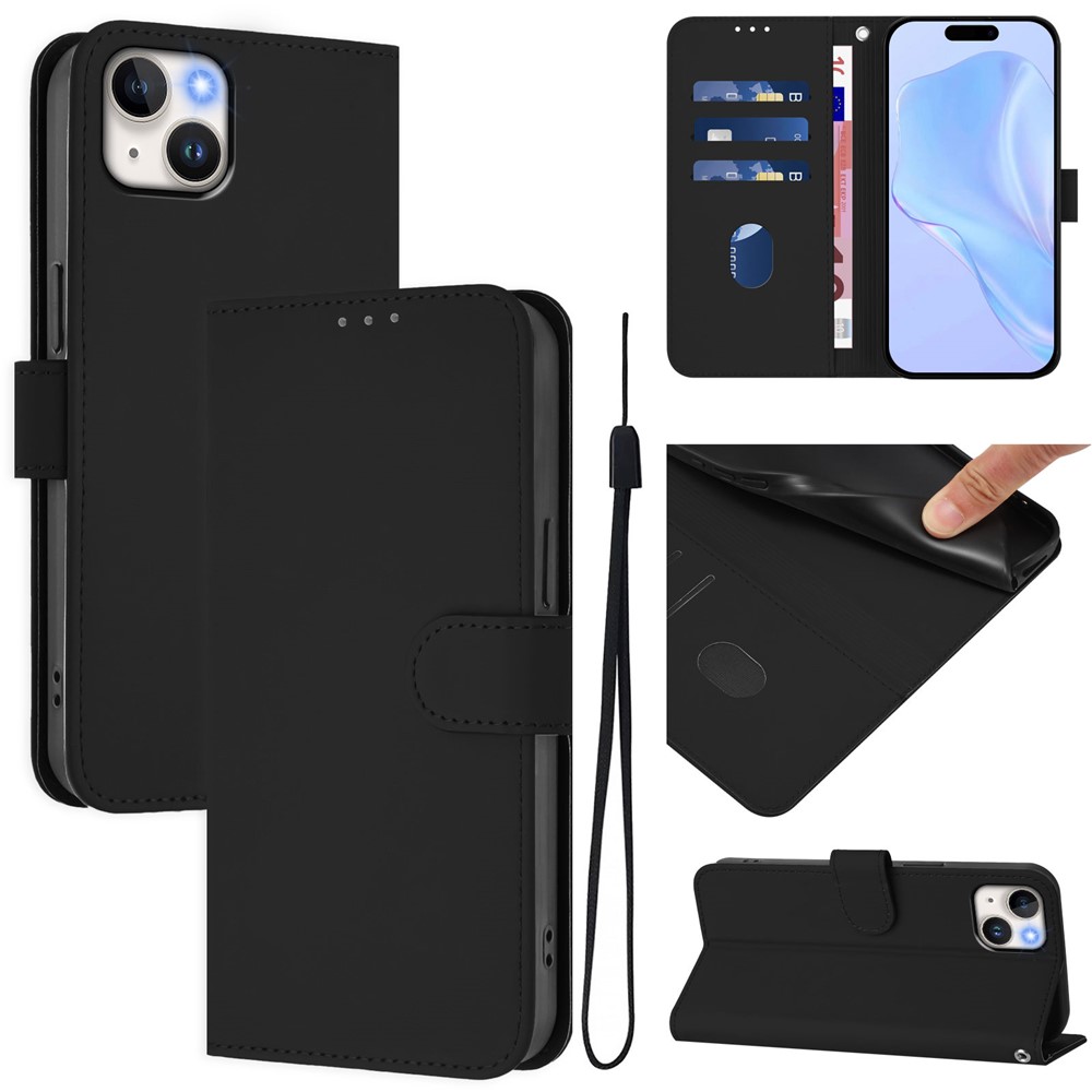 For iPhone 15 Plus Case Solid Color Wallet Leather Phone Cover with Strap - Black