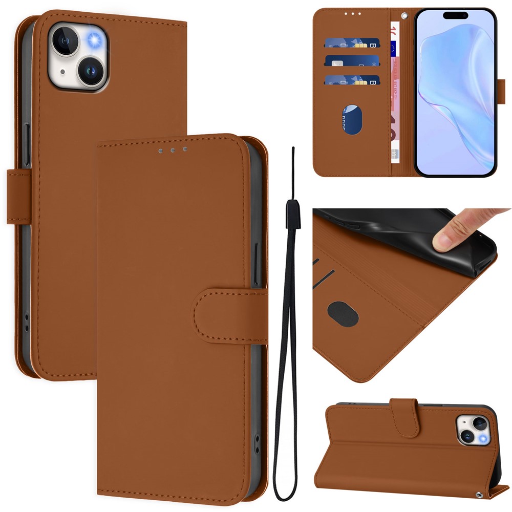 For iPhone 15 Plus Case Solid Color Wallet Leather Phone Cover with Strap - Brown
