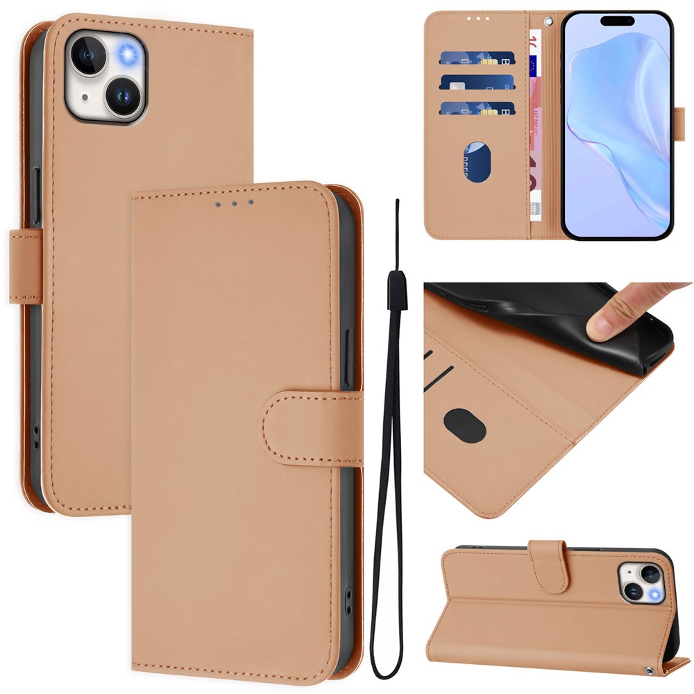 For iPhone 15 Plus Case Solid Color Wallet Leather Phone Cover with Strap - Nude