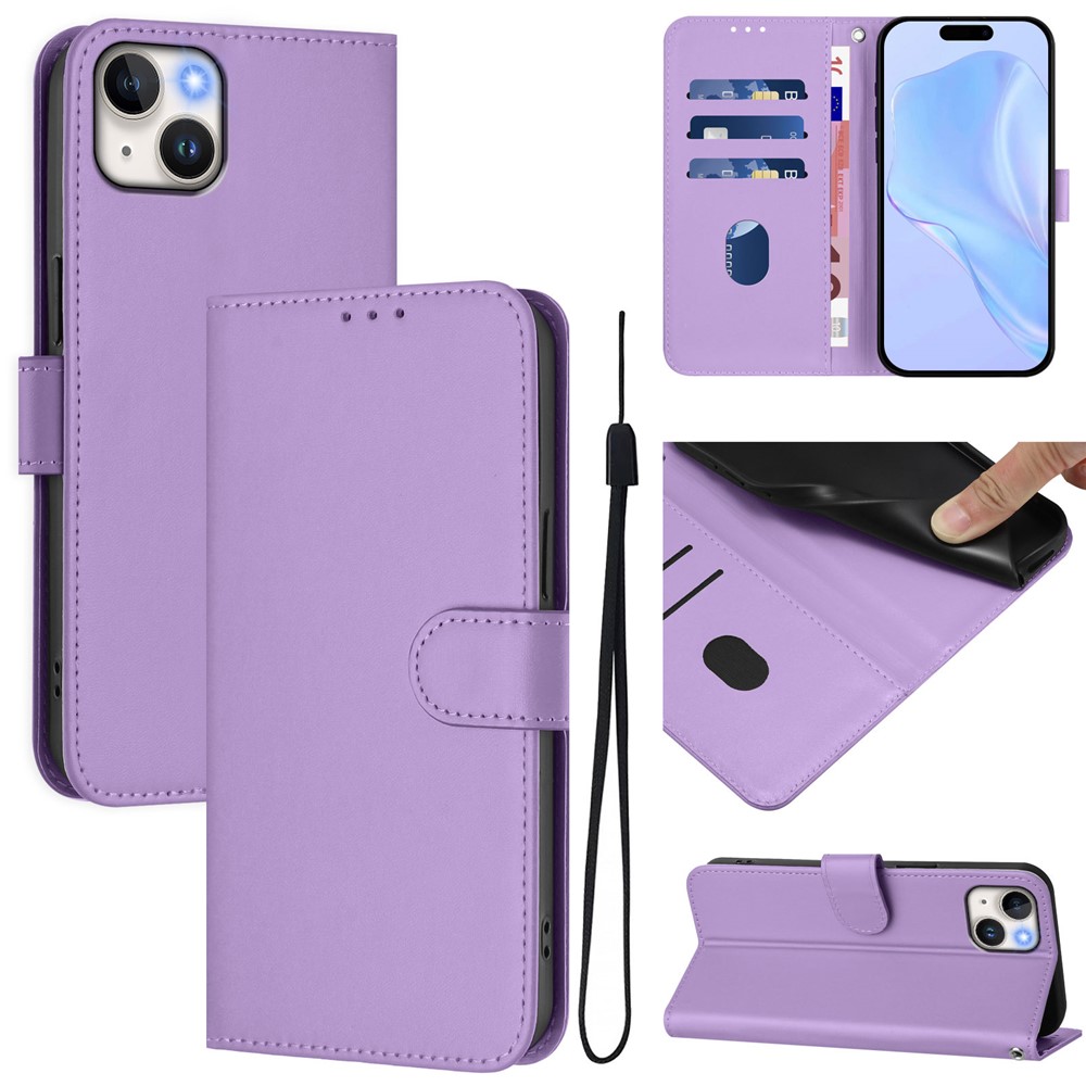 For iPhone 15 Plus Case Solid Color Wallet Leather Phone Cover with Strap - Lavender