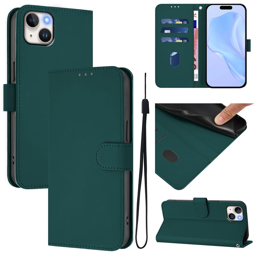 For iPhone 15 Plus Case Solid Color Wallet Leather Phone Cover with Strap - Dark Green