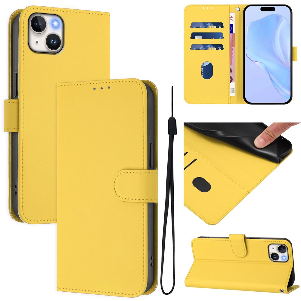 For iPhone 15 Plus Case Solid Color Wallet Leather Phone Cover with Strap - Lemon
