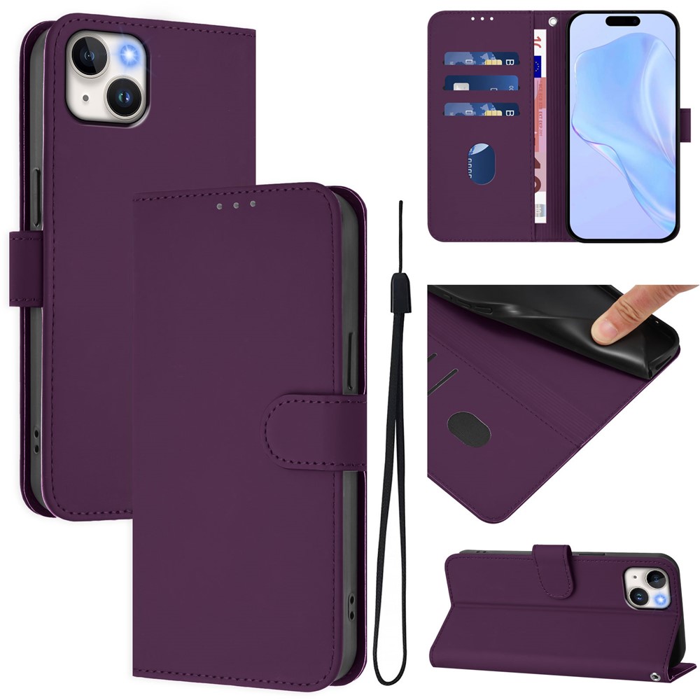 For iPhone 15 Plus Case Solid Color Wallet Leather Phone Cover with Strap - Violet