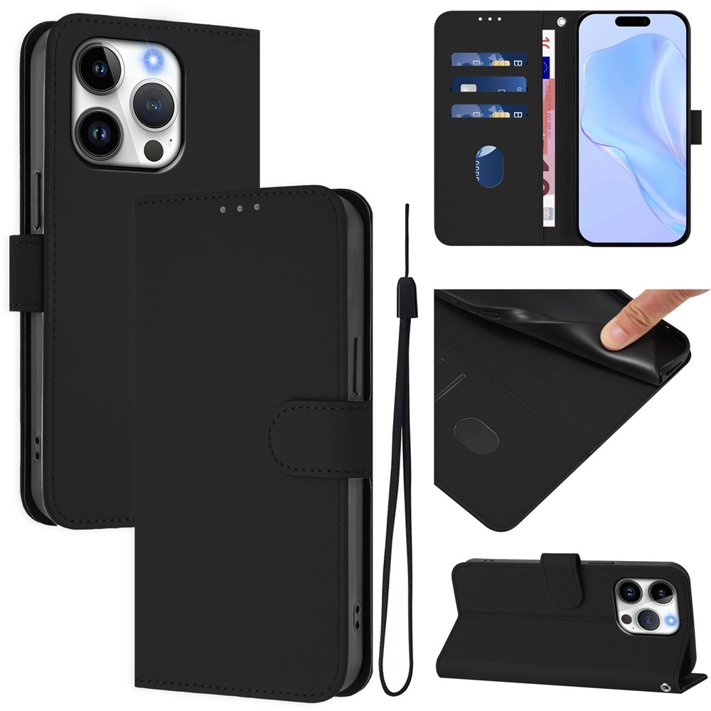 For iPhone 16 Pro Case Solid Color Wallet Leather Phone Cover with Strap - Black