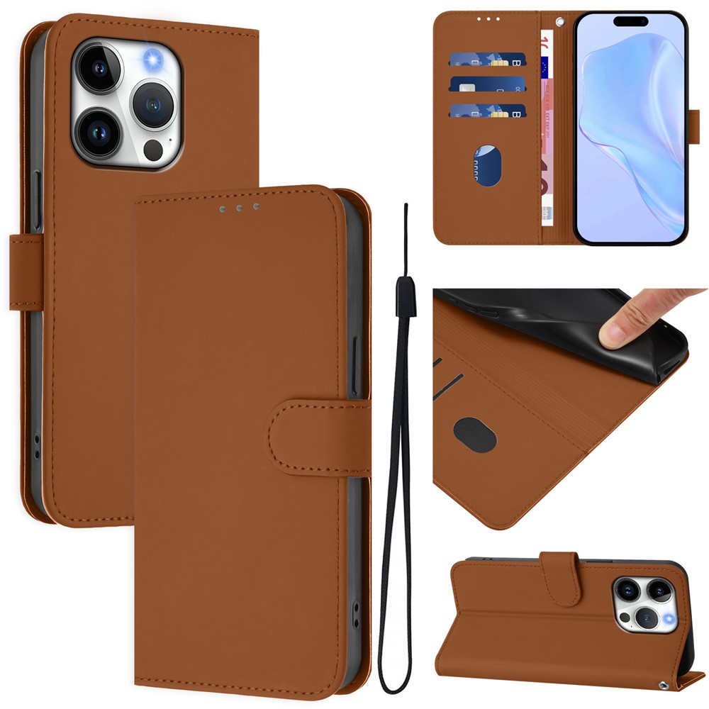 For iPhone 16 Pro Case Solid Color Wallet Leather Phone Cover with Strap - Brown