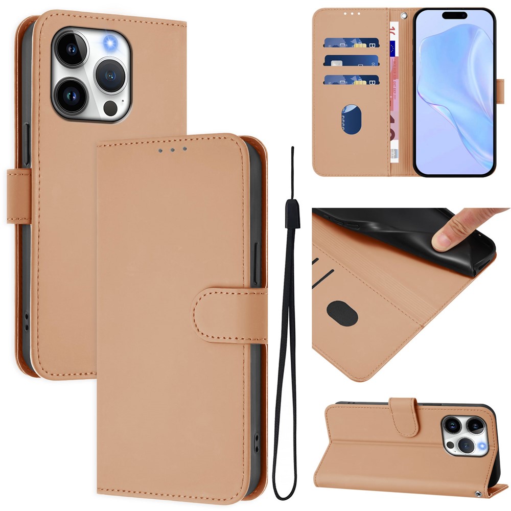 For iPhone 16 Pro Case Solid Color Wallet Leather Phone Cover with Strap - Nude