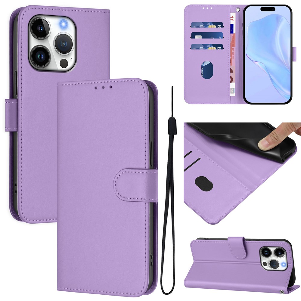 For iPhone 16 Pro Case Solid Color Wallet Leather Phone Cover with Strap - Lavender