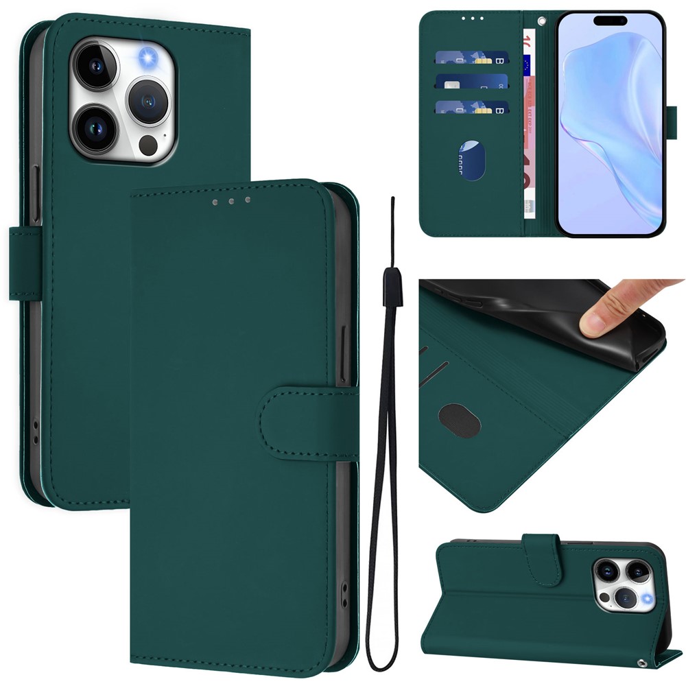 For iPhone 16 Pro Case Solid Color Wallet Leather Phone Cover with Strap - Dark Green