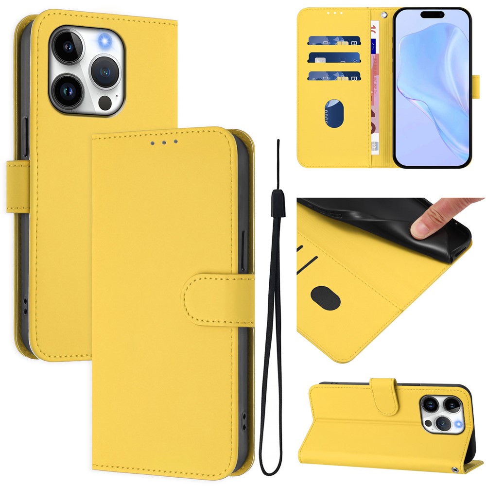 For iPhone 16 Pro Case Solid Color Wallet Leather Phone Cover with Strap - Lemon