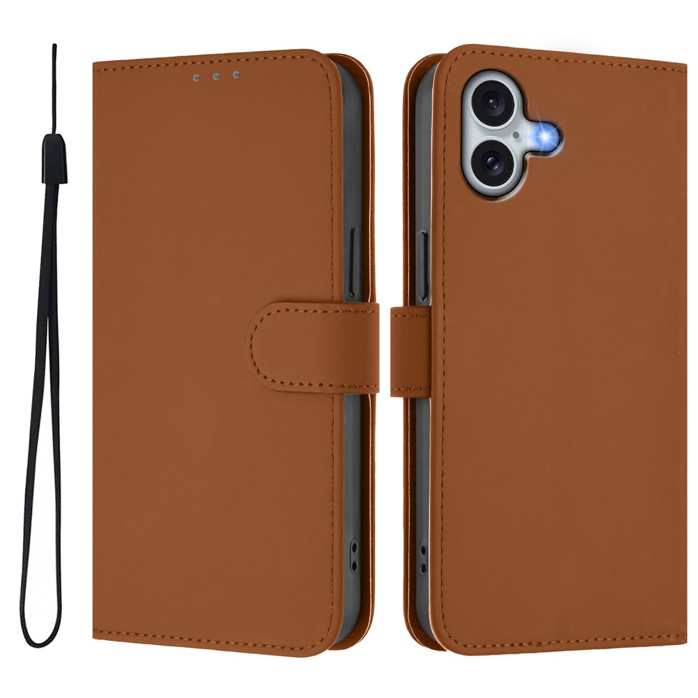 For iPhone 16 Plus Case Solid Color Wallet Leather Phone Cover with Strap - Brown