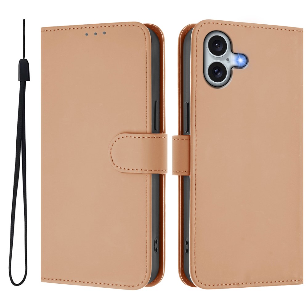 For iPhone 16 Plus Case Solid Color Wallet Leather Phone Cover with Strap - Nude