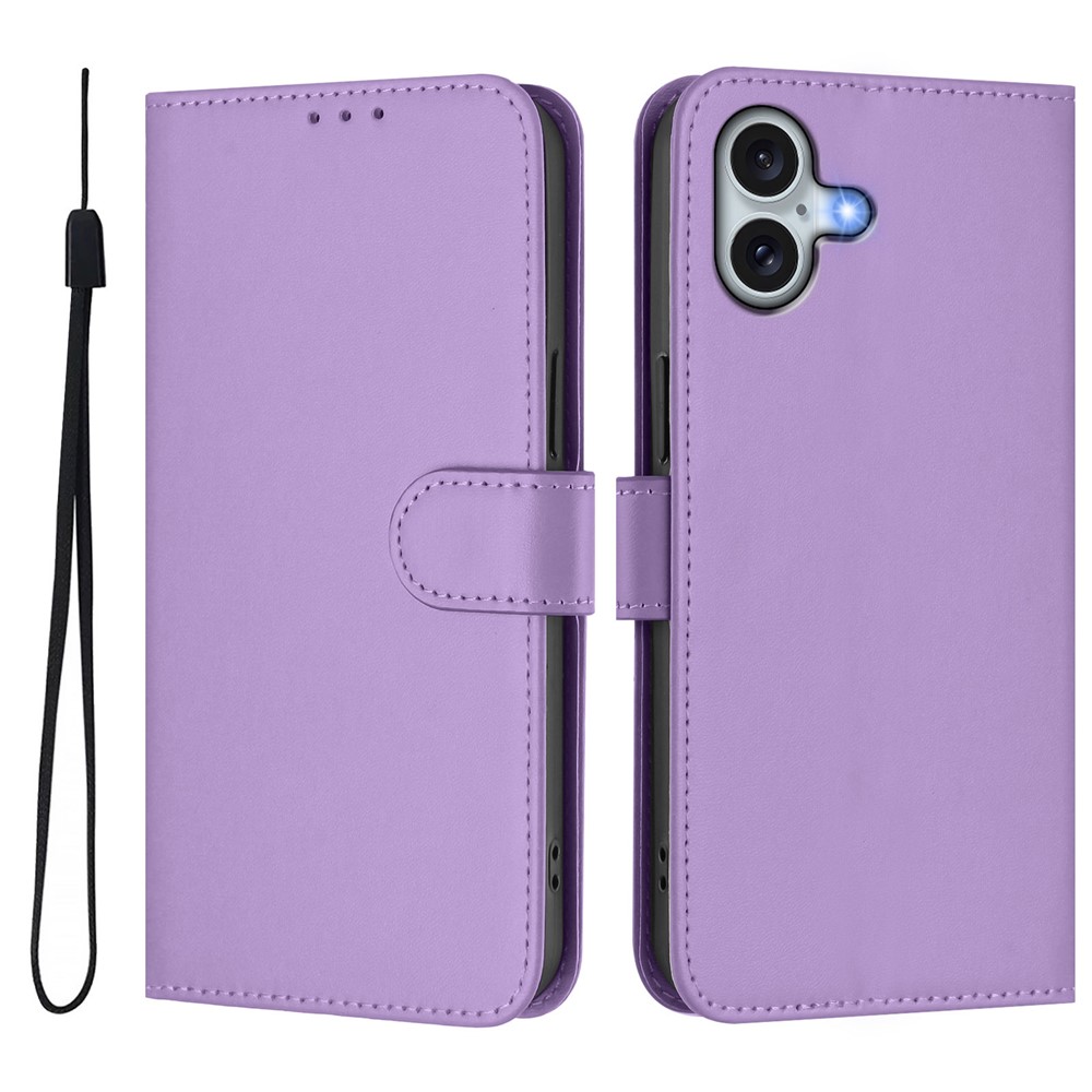 For iPhone 16 Plus Case Solid Color Wallet Leather Phone Cover with Strap - Lavender