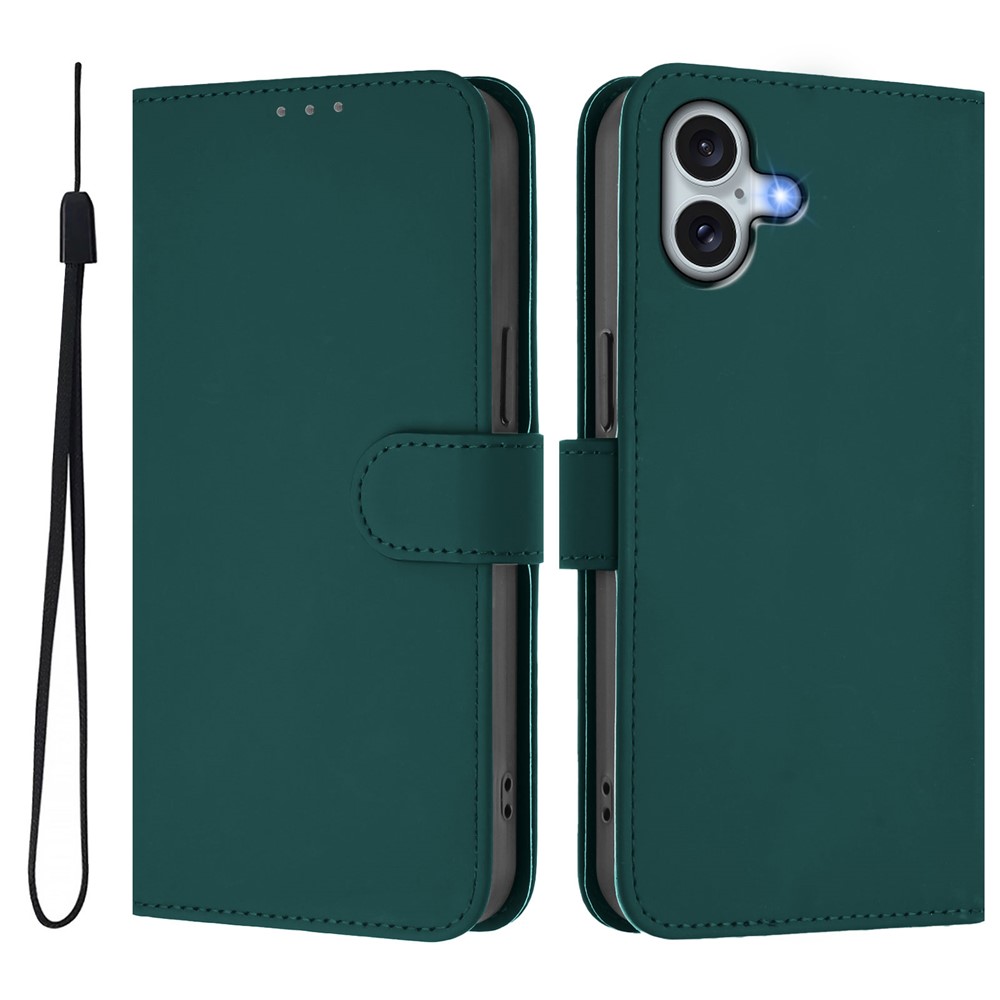 For iPhone 16 Plus Case Solid Color Wallet Leather Phone Cover with Strap - Dark Green