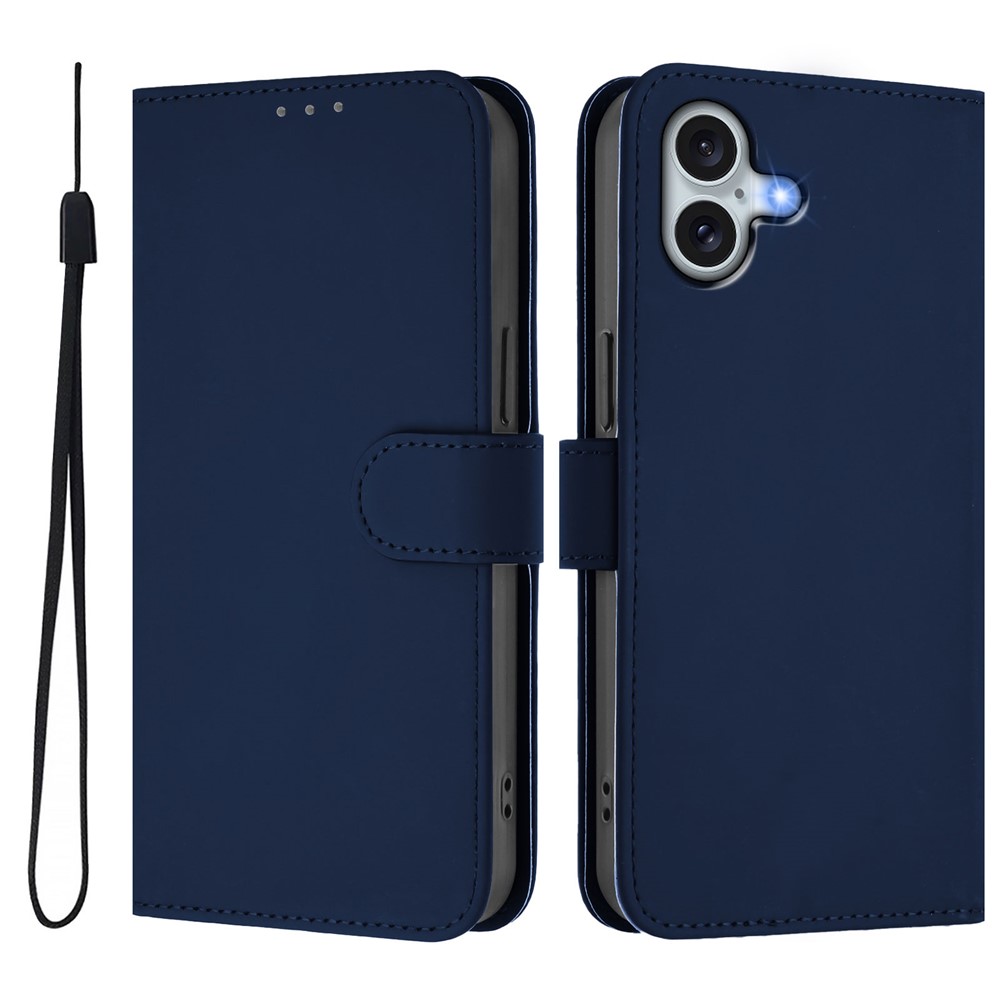 For iPhone 16 Plus Case Solid Color Wallet Leather Phone Cover with Strap - Navy Blue