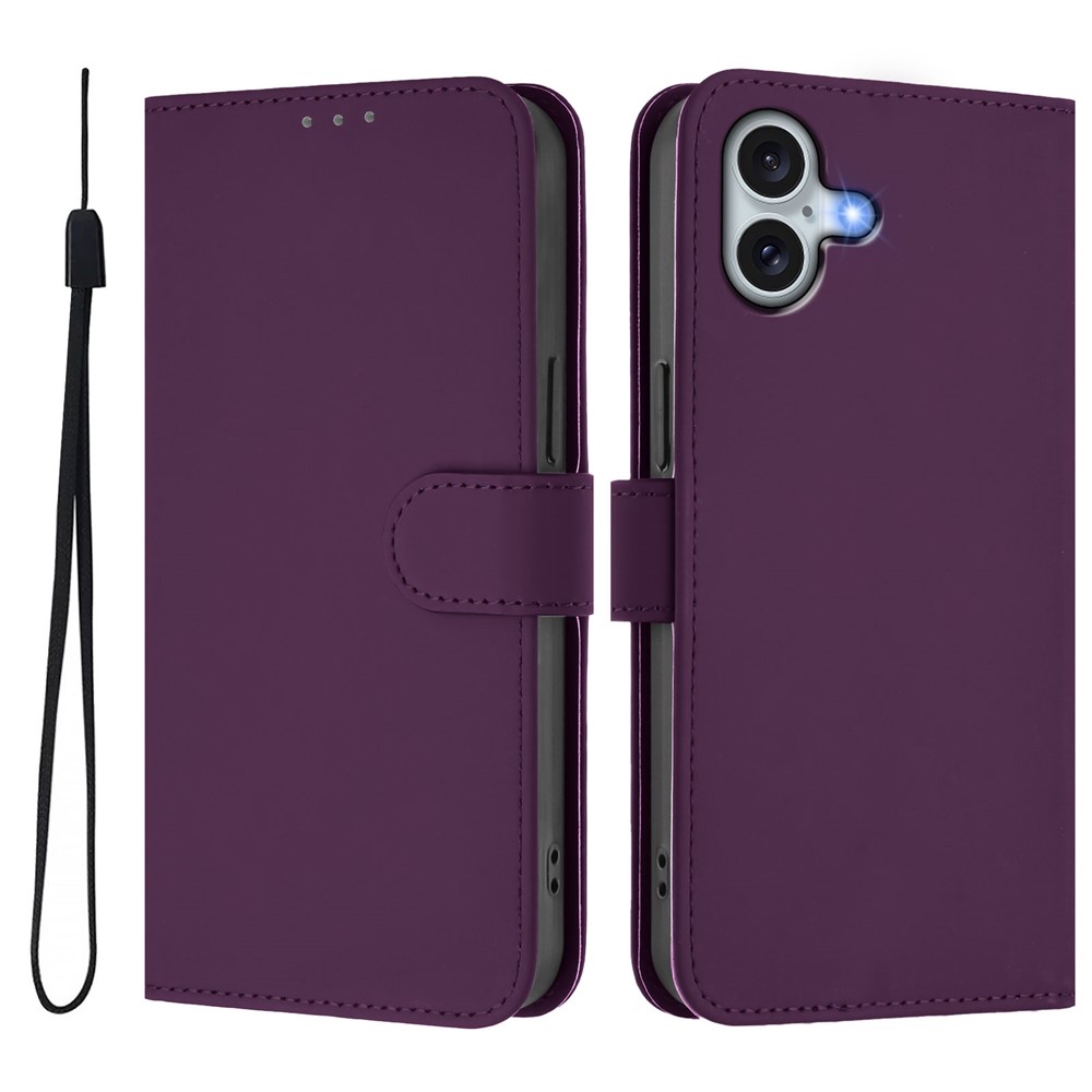 For iPhone 16 Plus Case Solid Color Wallet Leather Phone Cover with Strap - Violet