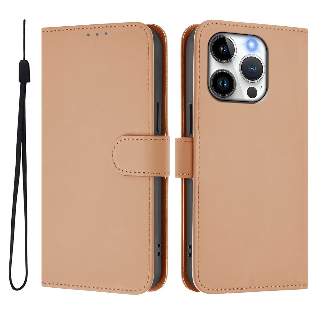 For iPhone 15 Pro Case Solid Color Wallet Leather Phone Cover with Strap - Nude