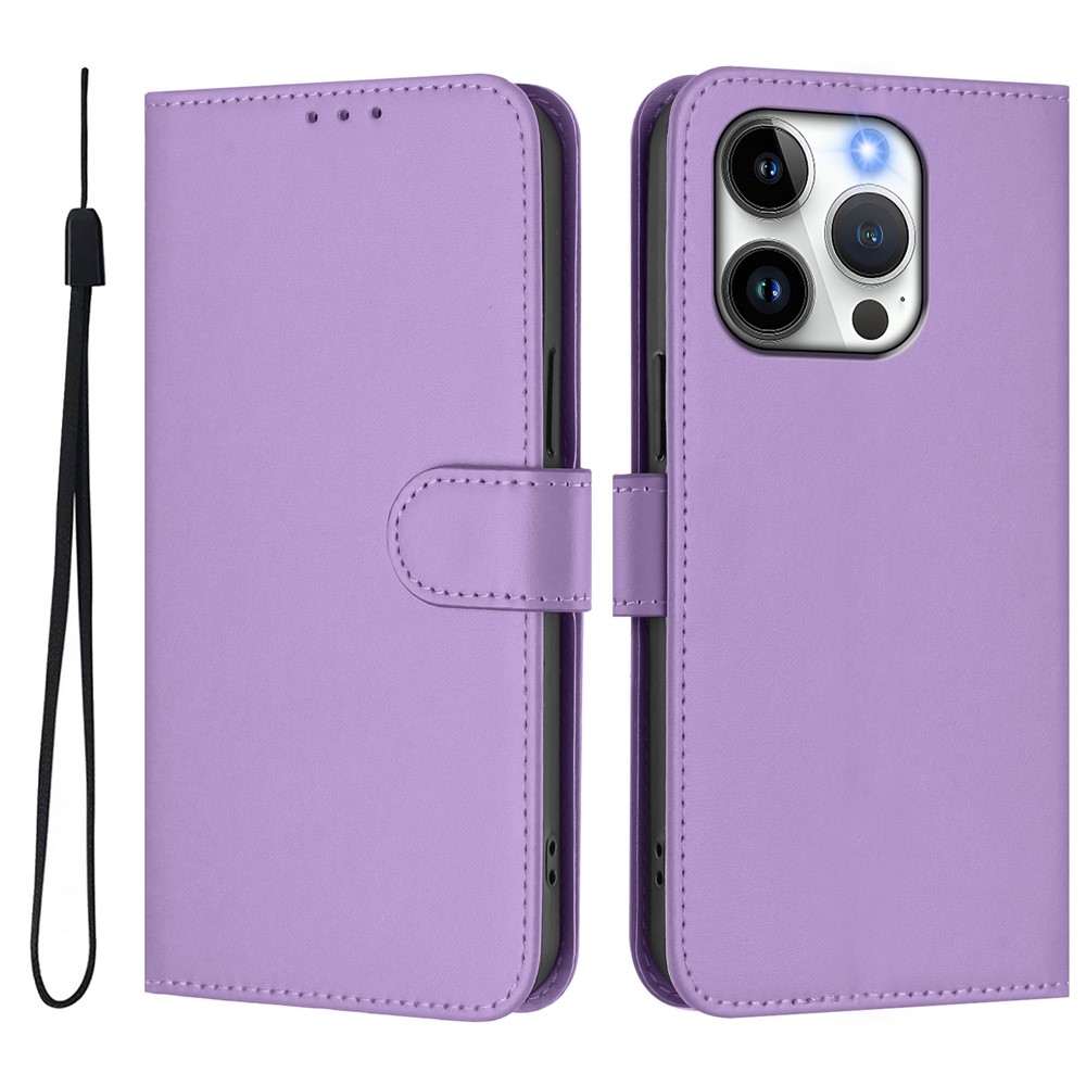 For iPhone 15 Pro Case Solid Color Wallet Leather Phone Cover with Strap - Lavender