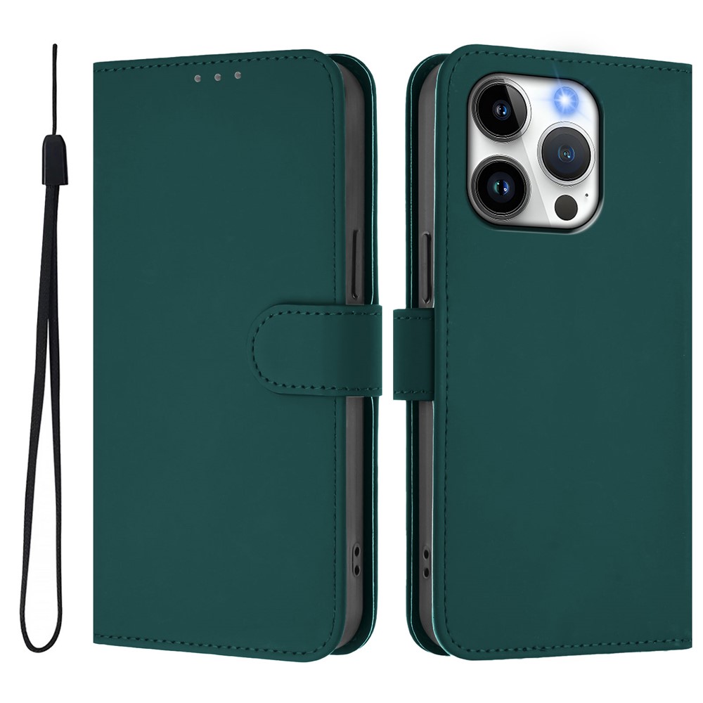 For iPhone 15 Pro Case Solid Color Wallet Leather Phone Cover with Strap - Dark Green