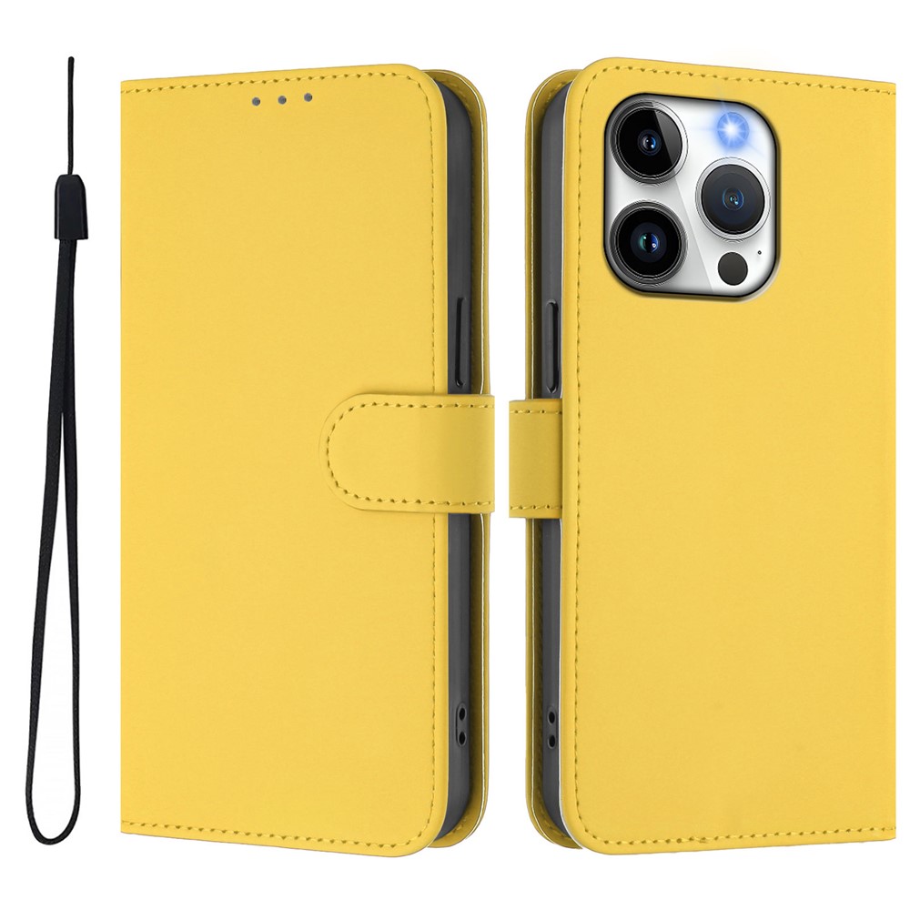 For iPhone 15 Pro Case Solid Color Wallet Leather Phone Cover with Strap - Lemon