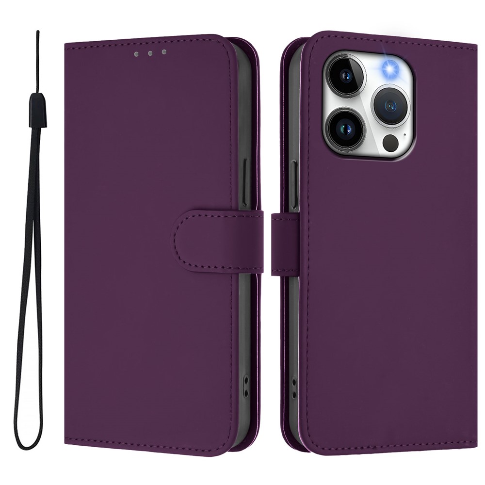 For iPhone 15 Pro Case Solid Color Wallet Leather Phone Cover with Strap - Violet