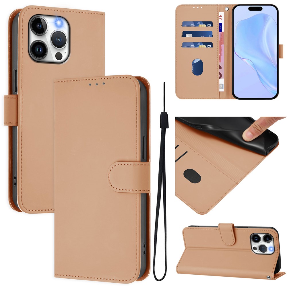 For iPhone 15 Pro Max Case Solid Color Wallet Leather Phone Cover with Strap - Nude