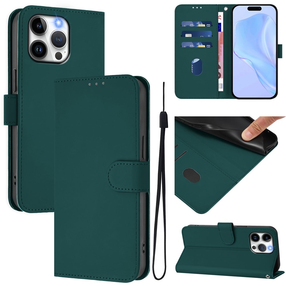 For iPhone 15 Pro Max Case Solid Color Wallet Leather Phone Cover with Strap - Dark Green
