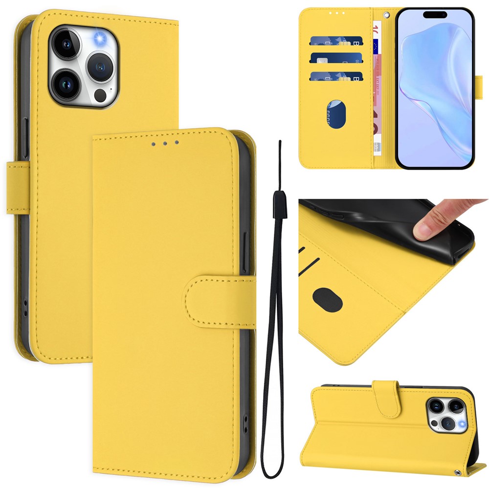 For iPhone 16 Pro Max Case Solid Color Wallet Leather Phone Cover with Strap - Lemon
