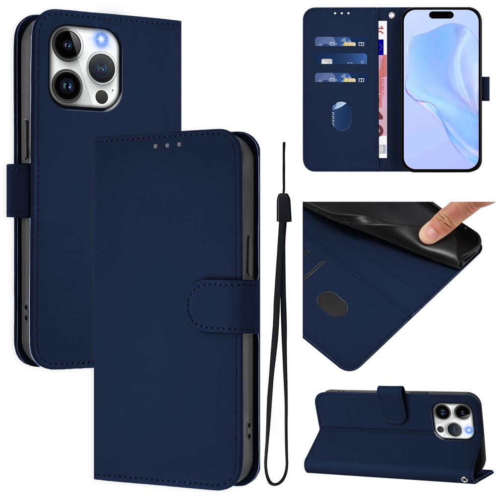 For iPhone 16 Pro Max Case Solid Color Wallet Leather Phone Cover with Strap - Navy Blue