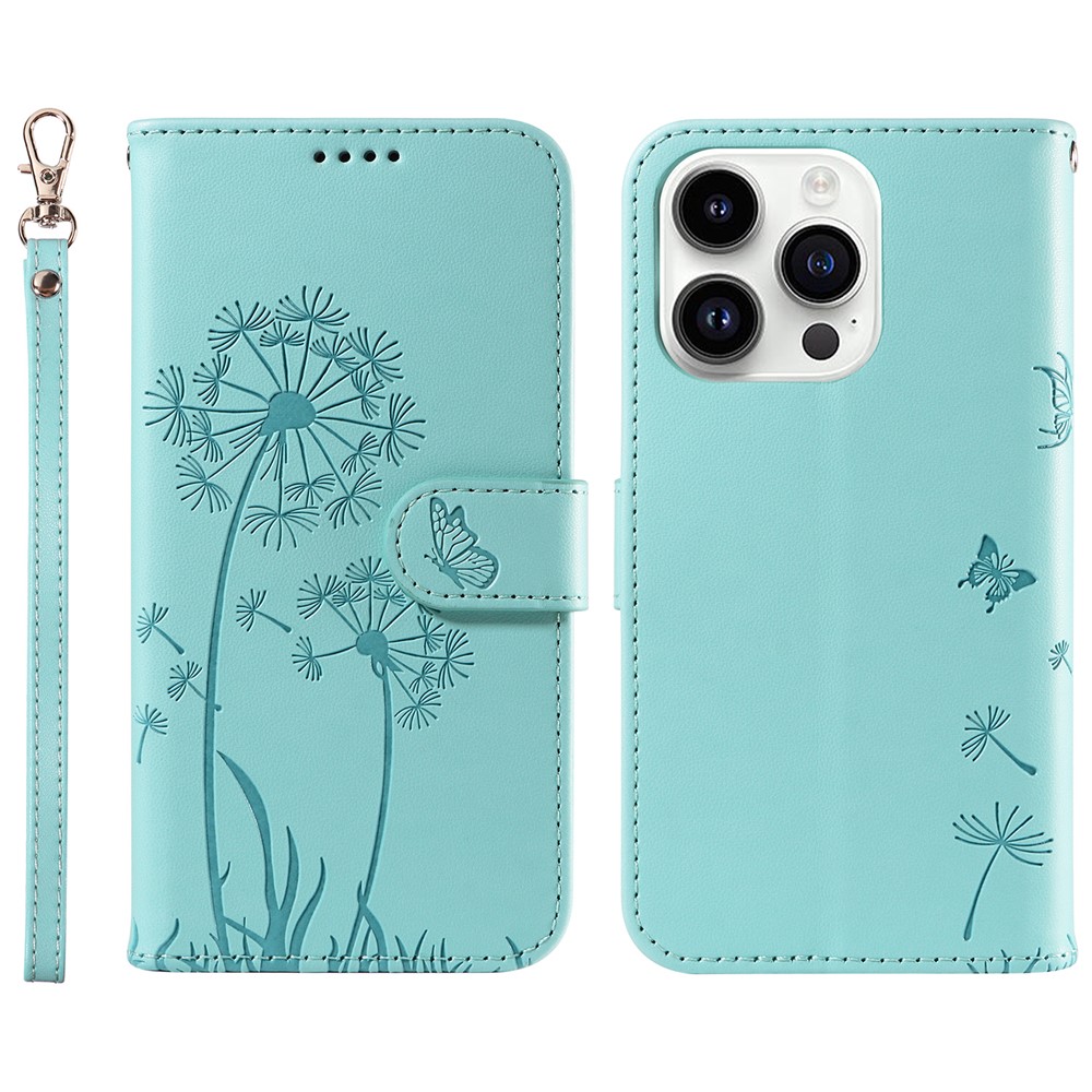 For iPhone 14 Pro Leather Case Wallet Phone Cover Dandelion Imprint - Green