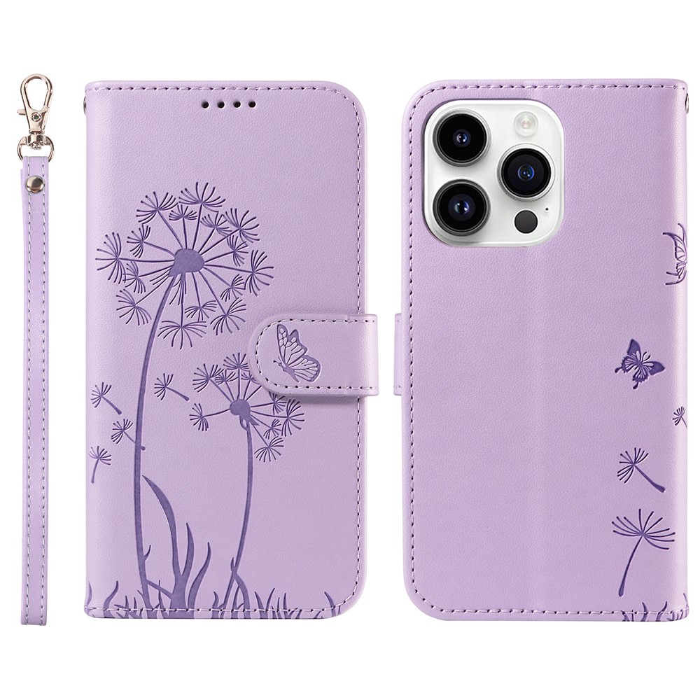 For iPhone 14 Pro Leather Case Wallet Phone Cover Dandelion Imprint - Light Purple