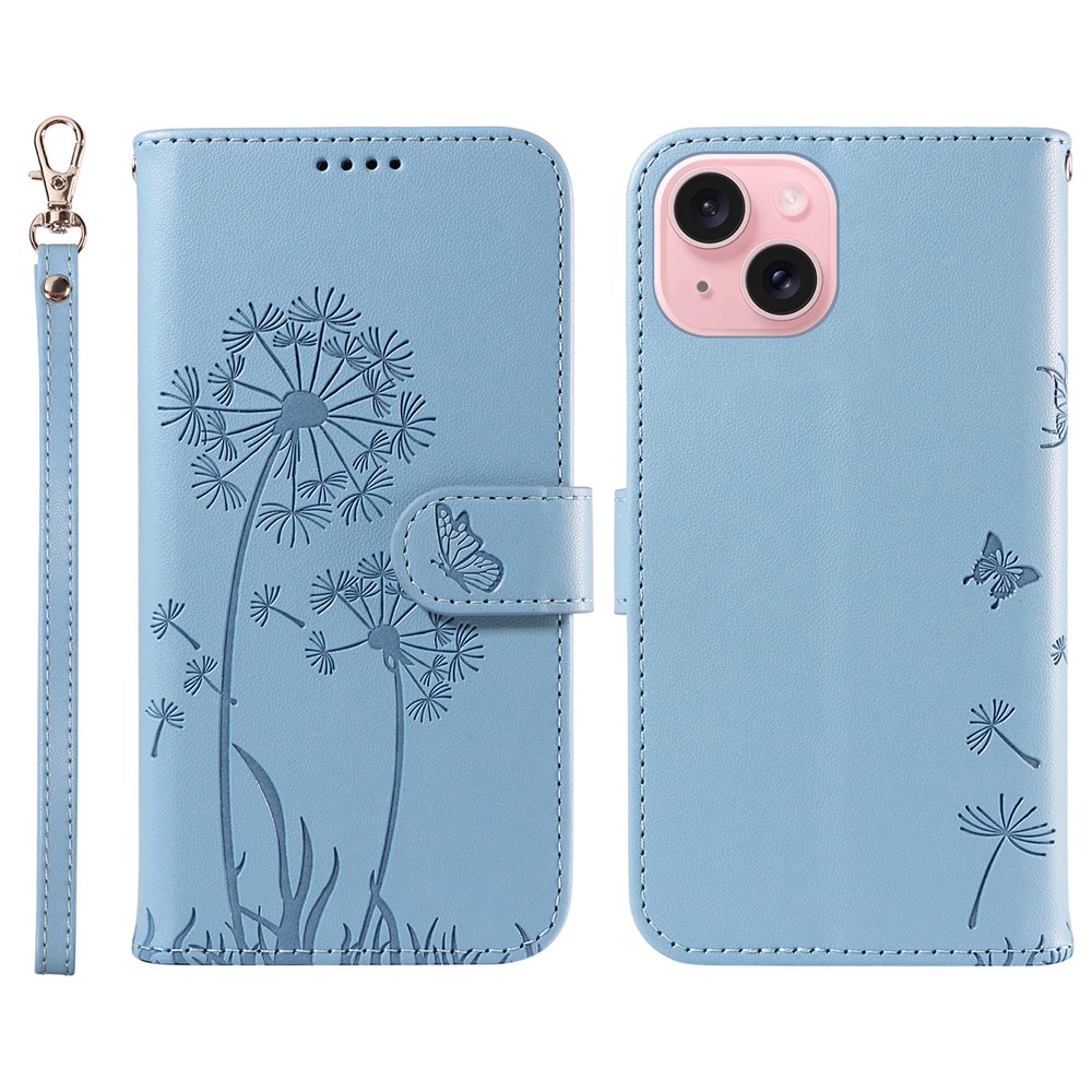For iPhone 15 Leather Case Wallet Phone Cover Dandelion Imprint - Sky Blue