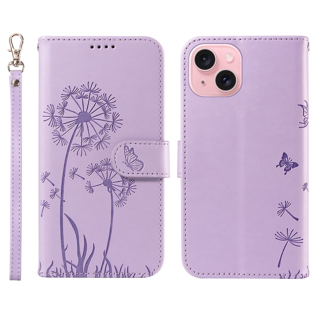For iPhone 15 Leather Case Wallet Phone Cover Dandelion Imprint - Purple