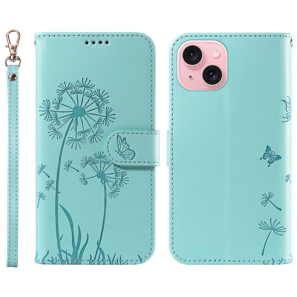 For iPhone 15 Leather Case Wallet Phone Cover Dandelion Imprint - Green