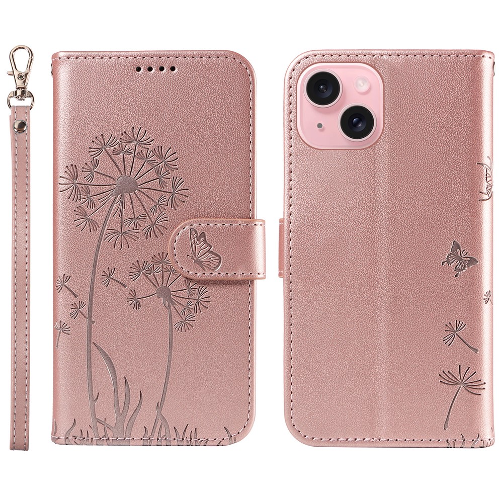 For iPhone 15 Leather Case Wallet Phone Cover Dandelion Imprint - Rose Gold
