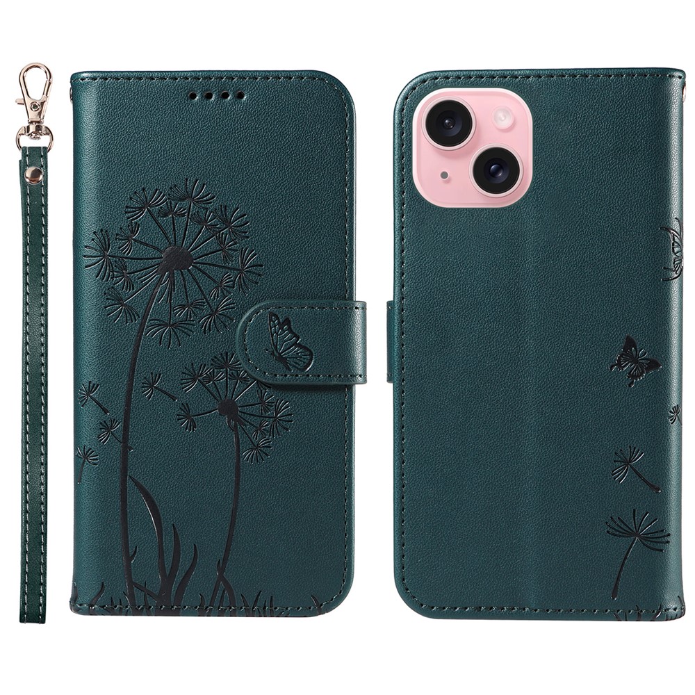 For iPhone 15 Leather Case Wallet Phone Cover Dandelion Imprint - Blue