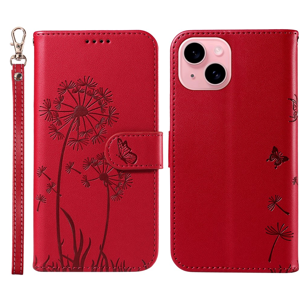 For iPhone 15 Leather Case Wallet Phone Cover Dandelion Imprint - Red