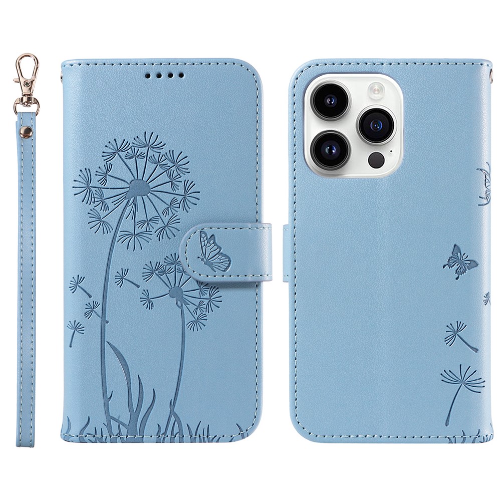 For iPhone 14 Pro Max Leather Case Wallet Phone Cover Dandelion Imprint - Sky Blue