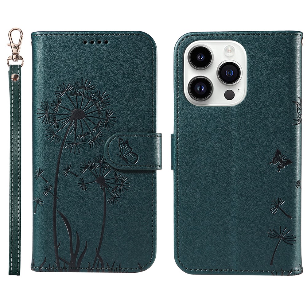 For iPhone 14 Pro Max Leather Case Wallet Phone Cover Dandelion Imprint - Blue