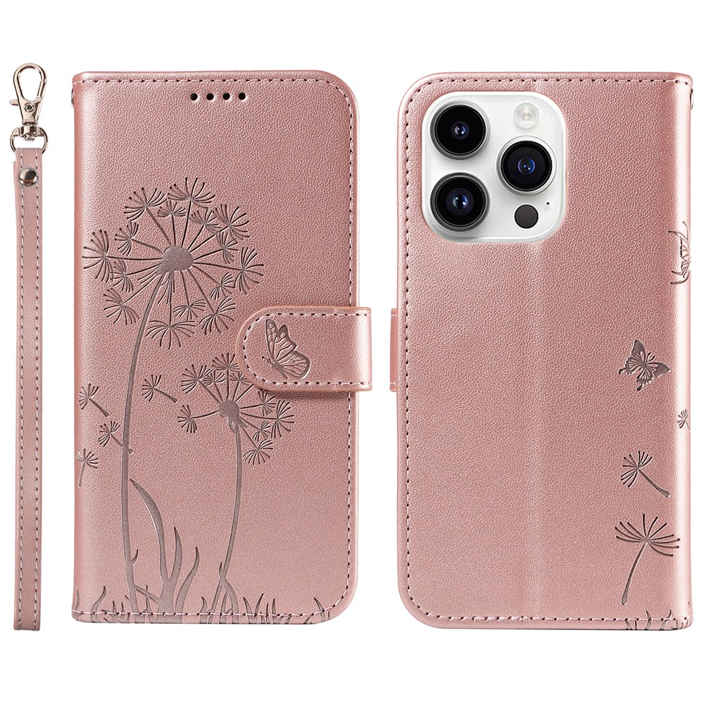 For iPhone 14 Pro Max Leather Case Wallet Phone Cover Dandelion Imprint - Rose Gold