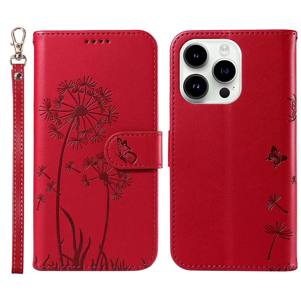 For iPhone 14 Pro Max Leather Case Wallet Phone Cover Dandelion Imprint - Red