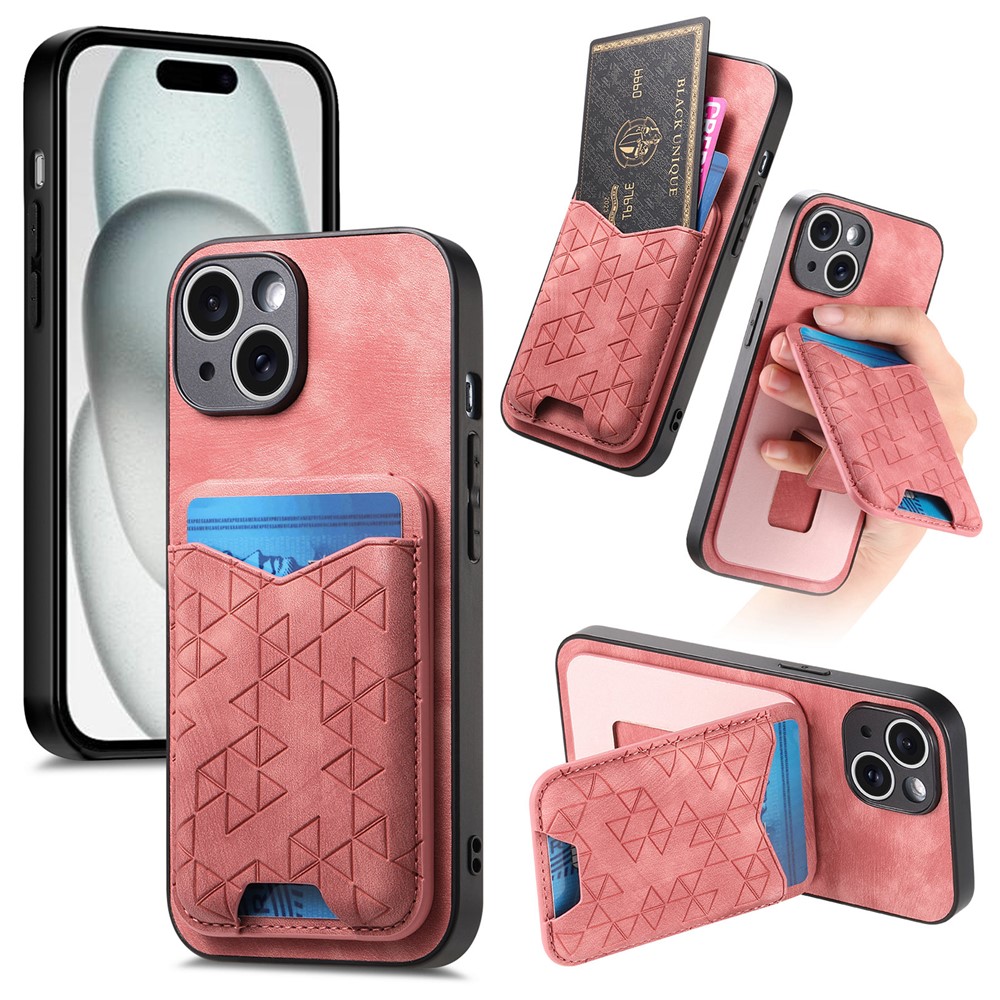 For iPhone 15 Case Imprinted Pattern Card Holder Kickstand Leather Back Cover - Pink