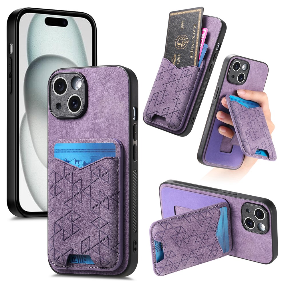 For iPhone 15 Case Imprinted Pattern Card Holder Kickstand Leather Back Cover - Purple