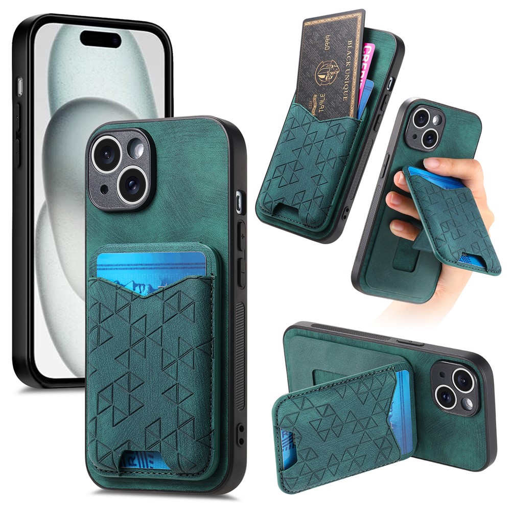 For iPhone 15 Case Imprinted Pattern Card Holder Kickstand Leather Back Cover - Green